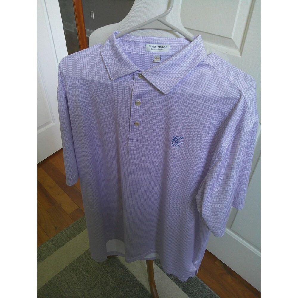 Peter Millar Golf  Polo Shirt  Light Blue & Pink Geometric Embroidered ELGC   XL